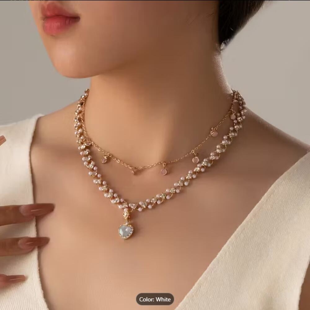 Elegant Double Layer Pearl Heart Pendant Necklace– Crystal Rhinestone While